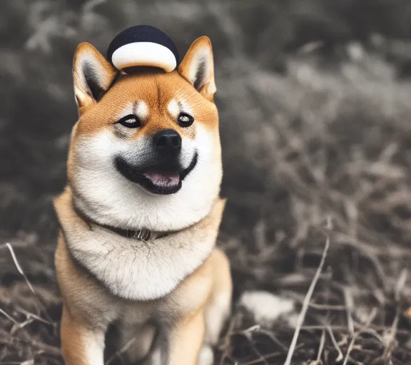 Image similar to a portrait of shiba inu with a mushroom cap growing on its head. intricate. lifelike. soft light. sony a 7 r iv 5 5 mm. cinematic post - processing