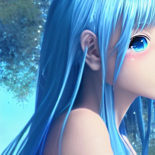 Image similar to a very beautiful anime girl wearing a dress made of water standing in a crystal lake , full body, long white hair with azure blue highlights blending into the dress , azure blue watery eyes, full round face, seductive over the shoulder glances , lens flare, cinematic lighting, medium shot, mid-shot, highly realistically detailed, trending on artstation, Unreal Engine 4k, Stanley Artgerm Lau, WLOP, Rossdraws, James Jean, Andrei Riabovitchev, Marc Simonetti, and Sakimichan