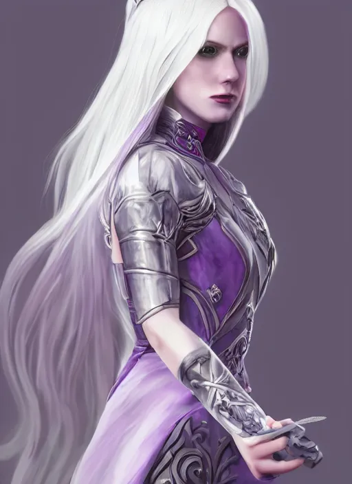 Image similar to An epic fantasy comic book style portrait painting of a pale girl with long straight white hair, lilac pupil, she is wearing a dress with a chess pattern, Unreal 5, DAZ, hyperrealistic, octane render, cosplay, RPG portrait, dynamic lighting