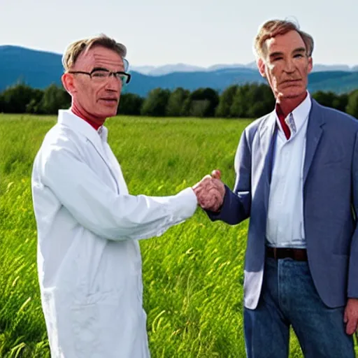 Image similar to walter white and bill nye the science guy shakeing hands in a field, photorealistic