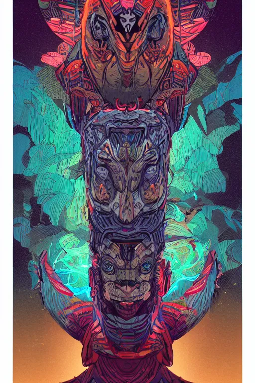 Image similar to totem animal tribal chaman vodoo mask feather gemstone plant video game illustration vivid color borderlands and by feng zhu and laurie greasley, victo ngai, andreas rocha, john harris radiating a glowing aura