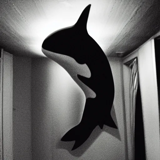 Prompt: grainy photo of an orca as a creepy monster in a closet, harsh flash