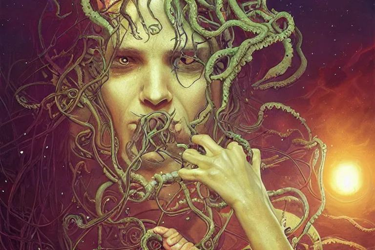 Image similar to a lovecraftian painting of cthulhu face of cosmic horror, cosmic horror elements, ultra realistic, concept art, intricate details, eerie, highly detailed, photorealistic, octane render, 8 k, unreal engine. art by artgerm and greg rutkowski and alphonse mucha