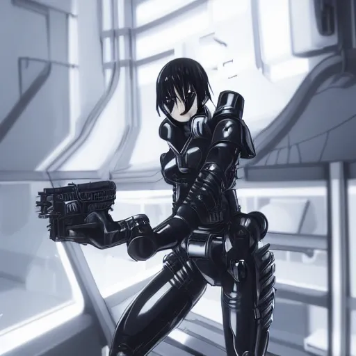 Image similar to a portrait of a manga character in a futuristic room, black and shiny cyber armor, handling a gun, highly detailed, render, vray, octane, realistic lighting, by nihei tsutomu