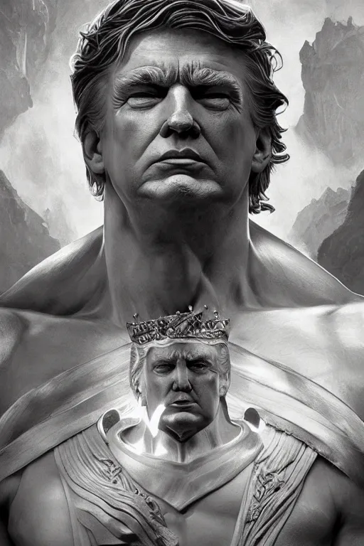 Image similar to President Donald J Trump as a Greek god, detailed face, gorgeous, amazing, muscular, fit, very muscular male body, Caesar victorious, crown ruler, intricate, highly detailed, digital painting, artstation, concept art, sharp focus, illustration, art by greg rutkowski and alphonse mucha