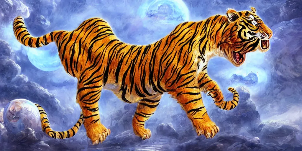 Prompt: concept art of translucent glowing chinese tiger dancing, big booty, flowy, melting, round moon, swirly clouds, very detailed, volumetric light, mist, fine art, textured oil over canvas, dragons, epic fantasy art, very colorful, ornate intricate scales, gold skulls, fractal gems, 8 k, hyper realistic, high contrast