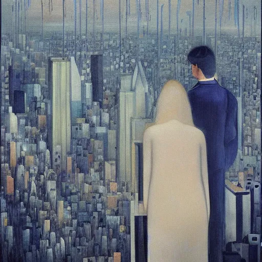 Image similar to “ a girl looking down at a futuristic new york city below, ghostpunk, fog, storm clouds, rain, detailed face, oil painting, by jan toorop ”