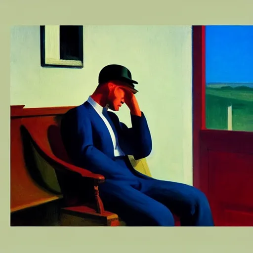 Image similar to painting of a miserable man. by edward hopper and james gilleard