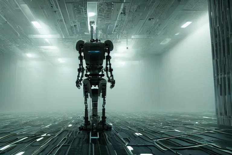 Image similar to extremely detailed cinematic movie still 3 0 7 7 foggy shot of a robot in an endless data centre by denis villeneuve, wayne barlowe, simon birch, philippe druillet, beeple, volumetric sunlight from small windows