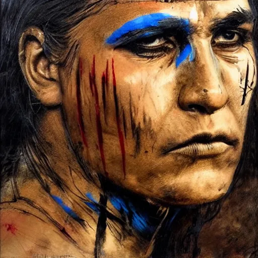 Image similar to A Native American warrior, war paint, realistic, sharp focus, 8k high definition, insanely detailed, intricate, elegant, art by Guy Denning