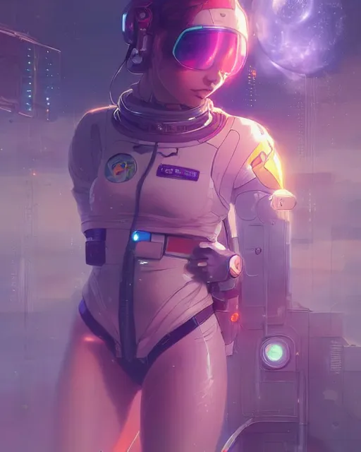 Image similar to anime visual of a female astronaut, neon, cyberpunk, futuristic, stunning, highly detailed, digital painting, artstation, smooth, soft focus, illustration, art by artgerm and greg rutkowski and alphonse mucha