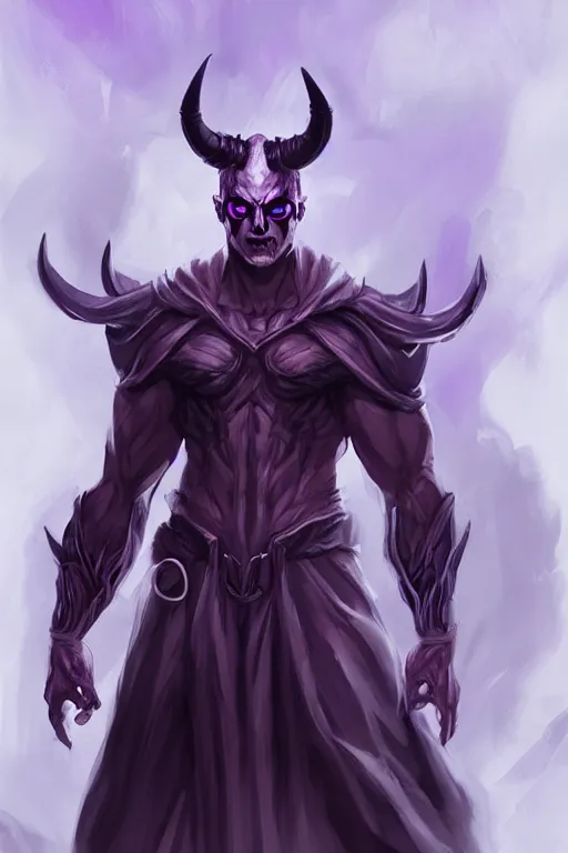 Prompt: fit man male demon, full body purple cloak, character concept art, costume design, illustration, black eyes, white horns, trending on artstation, Artgerm , WLOP