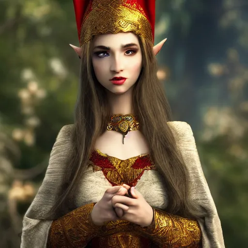 Image similar to beautiful elf with ornate robes, highly detailed, 8k, HDR, smooth, sharp focus, hyper realistic, high resolution