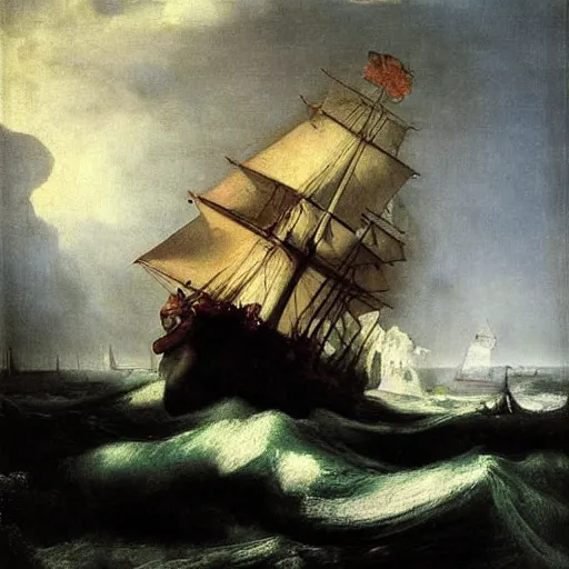 Prompt: a man on a ship who is amazed by the beauty of a huge storm in the middle of the sea that is about to absorb him and end his life, painting by gustave courbet, high detail, claude joseph vernet, rembrandt, museum painting
