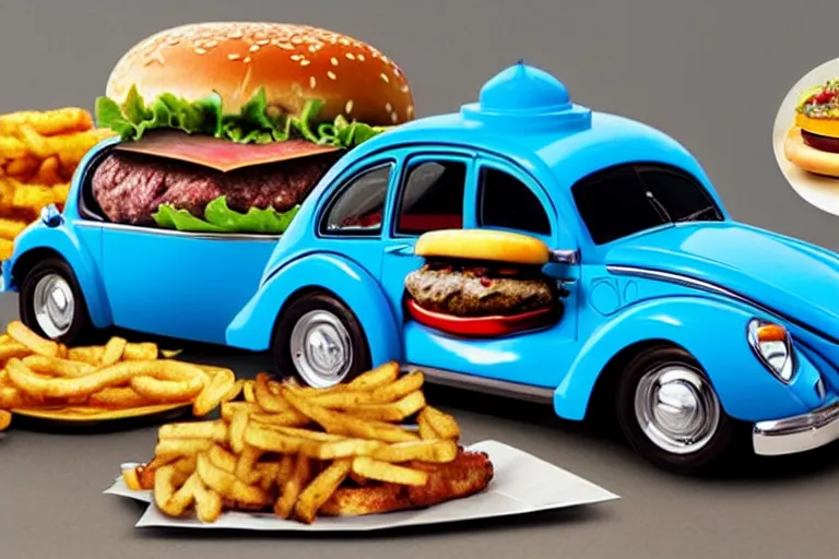 Prompt: a blue beetle car with burgers in place of the wheels