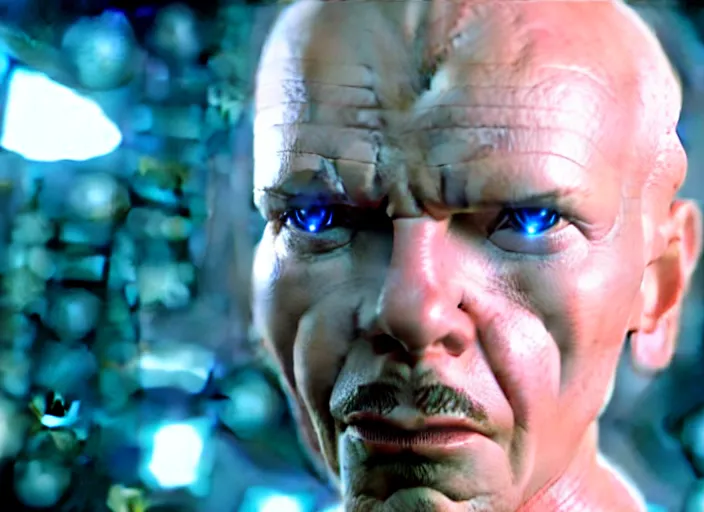Prompt: still photo from the movie the fifth element, gary oldman, asymmetrical haircut, far future, sharp focus, highly detailed, trending on artstation, intricate, cinematic composition