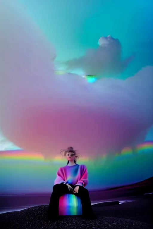 Image similar to high quality pastel coloured film close up wide angle photograph of a model wearing clothing resting on cloud furniture in a icelandic black rock!! environment in a partially haze filled dreamstate world. three point light, rainbow. photographic production. art directed. pastel colours. volumetric clouds. pastel gradient overlay. waves glitch artefacts. extreme facial clarity. 8 k. filmic.