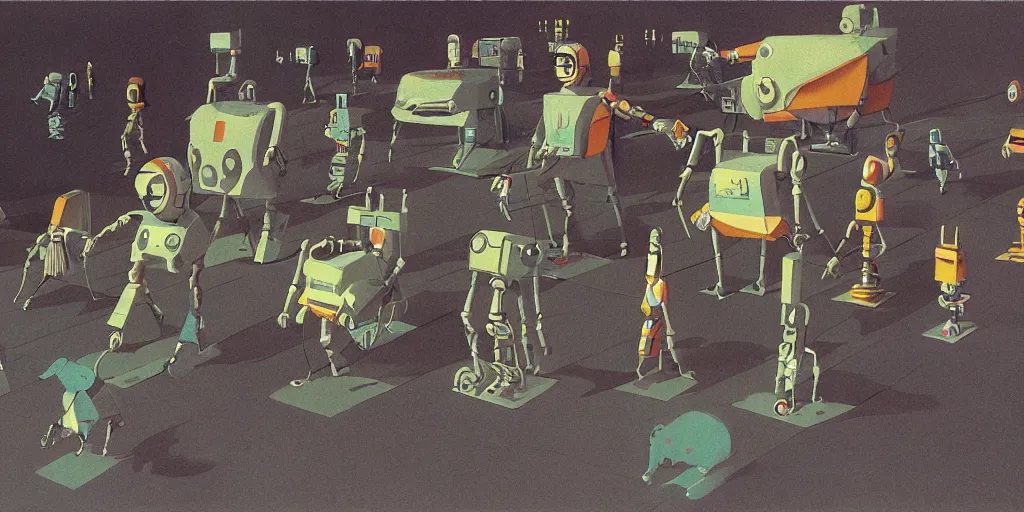 Image similar to many robot kitty cats walking isometrically, Dan McPharlin, Ralph McQuarrie