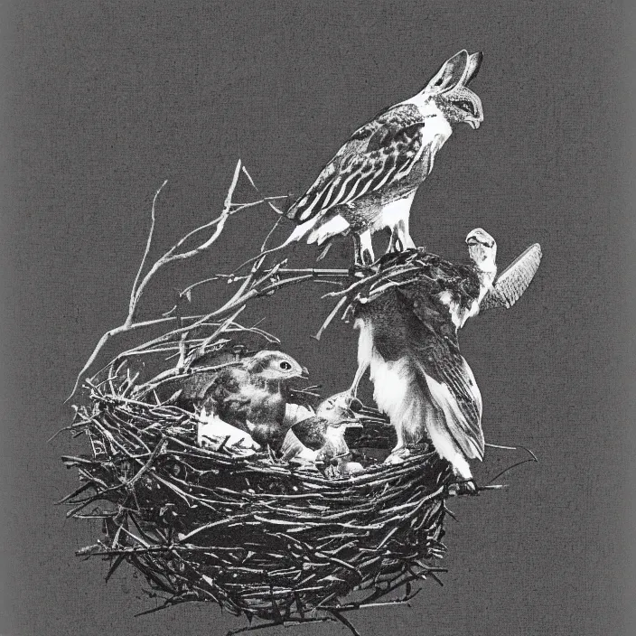 Prompt: bird of prey feeding a rabbit carcass to its offspring in the nest, dark photo, black and white photo, trees and branches bakground, motion blur, grainy, halftone printing, bad photocopy, bad print