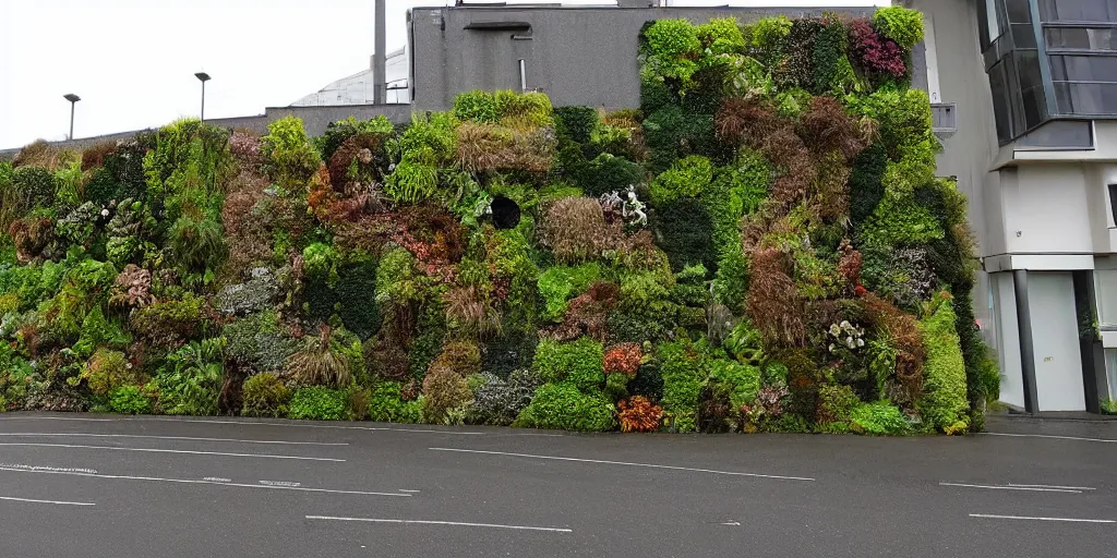 Image similar to lampton quay, wellington city, new zealand where the building walls are covered in living walls made of nz endemic plants. rainy windy day. google street view