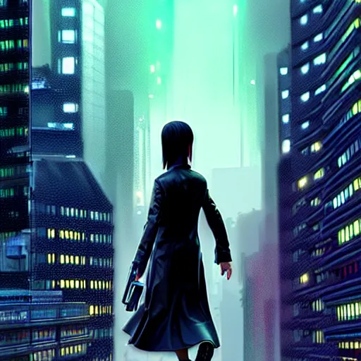 Image similar to neo from matrix on the background panel houses cityscape, acid rain, by artgerm, very realistic, highly detailed, 4 k, octane render