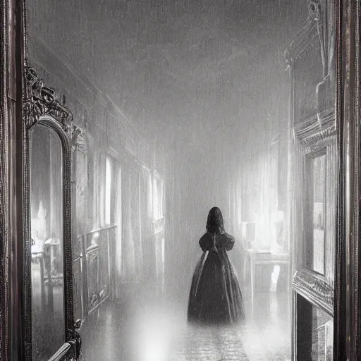 Image similar to a beautiful victorian woman is frightened by her doppleganger in a mirror. she is in a long hallway of mirrors. victorian interior, with many mirrors, elegant design, haunting atmosphere, dark lighting, gothic, horror style, swirling fog, volumetric lighting, by greg rutkowski, realistic, low angle, 3 / 4 view.