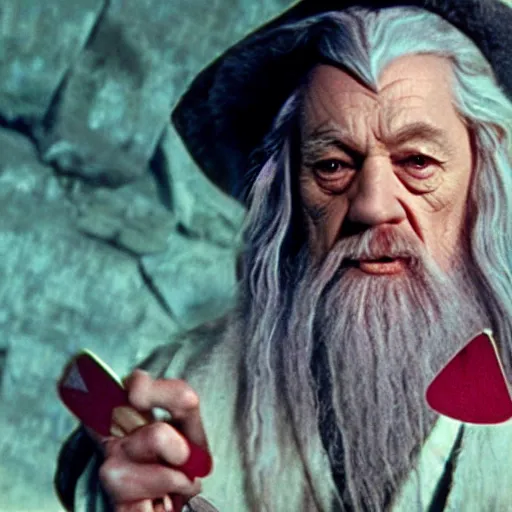 Image similar to gandalf with a pink bowtie on his head, showing a blank playing card, movie still from the lord of the rings