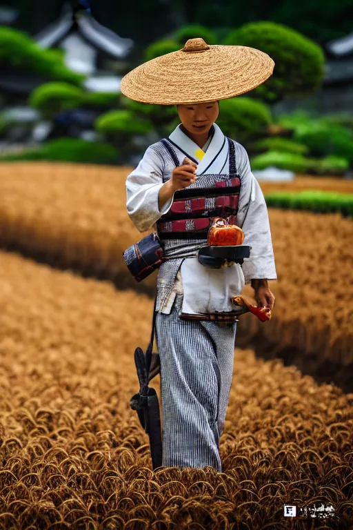 Image similar to japanesse farmer, cinematic view, bokeh, extreme detailed, vogue photo style, proportional, dynamic composition, details, intricate, comfort posse, smooth, sharp focus, body features, ultra realistic, award winning photo, captured by nikon d 8 5 0, 4 5. 7 mp lens, 4 k, full body.