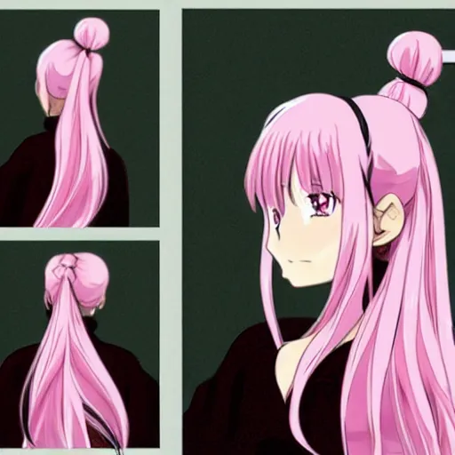 Image similar to a girl with long hair and a light pink ponytail, anime style