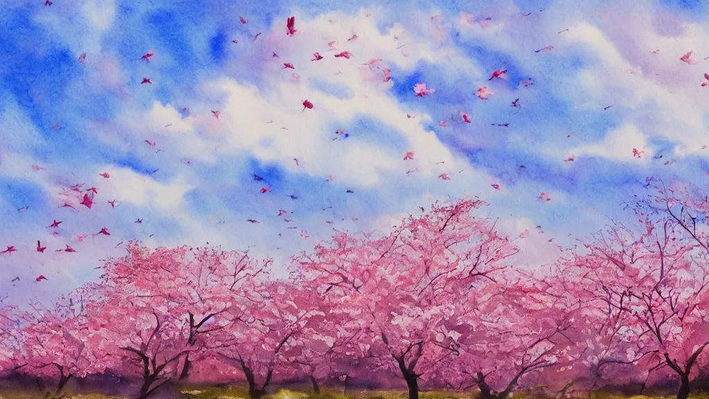 Prompt: watercolor landscape, cherry blossoms, sky, clouds, flamingos, high key lighting,