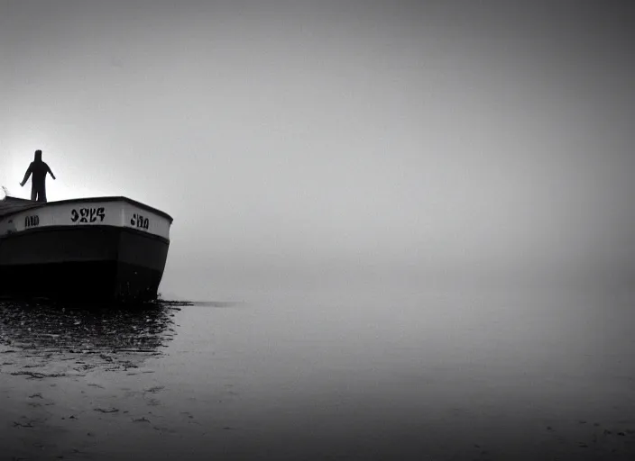 Prompt: slenderman, boat, mist, lomography photo effect, monochrome, noise grain film