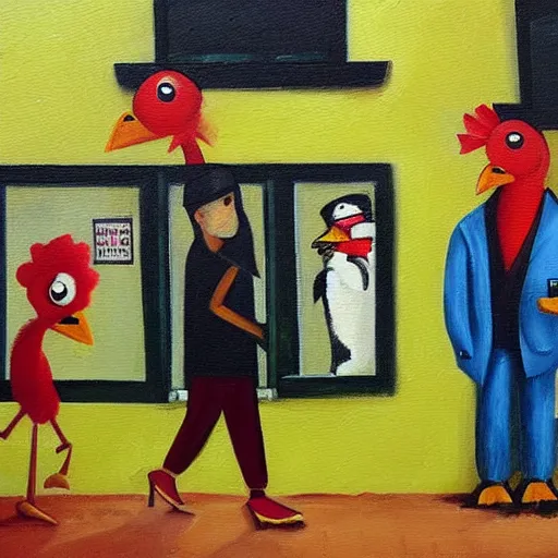 Prompt: the funky chicken gets thrown out of a bar. oil painting in the style of vermeers