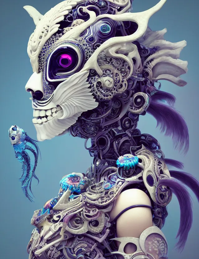 Image similar to 3 d goddess cyborg close - up profile portrait with ram skull. beautiful intricately detailed japanese crow kitsune mask and clasical japanese kimono. betta fish, jellyfish phoenix, bio luminescent, plasma, ice, water, wind, creature, artwork by tooth wu and wlop and beeple and greg rutkowski