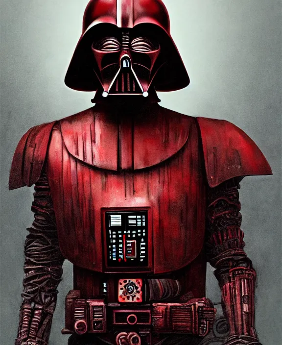 Image similar to a red steampunk darth vader with mechanical tendrils by HR Giger and Beksiński, 4k resolution, detailed, trending on artstation