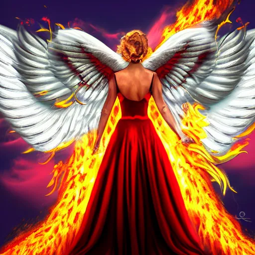 Image similar to epic portrait of an angel with flaming wings, flying in the sky