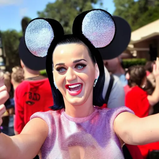 Prompt: katy perry wearing mickey mouse ears takes a selfie in front of the disney world