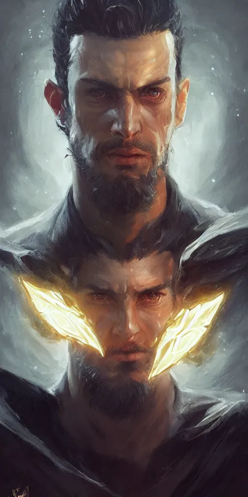Image similar to a professional full portrait painting of a handsome young wizard olive skin, buzzed short dark hair, beautiful bone structure, symmetrical facial features, casting an evil spell, a floating glowing spellbook, , intricate, elegant, digital painting, concept art, smooth, sharp focus, illustration, from Metal Gear, by Ruan Jia and Mandy Jurgens and Artgerm and William-Adolphe Bouguereau