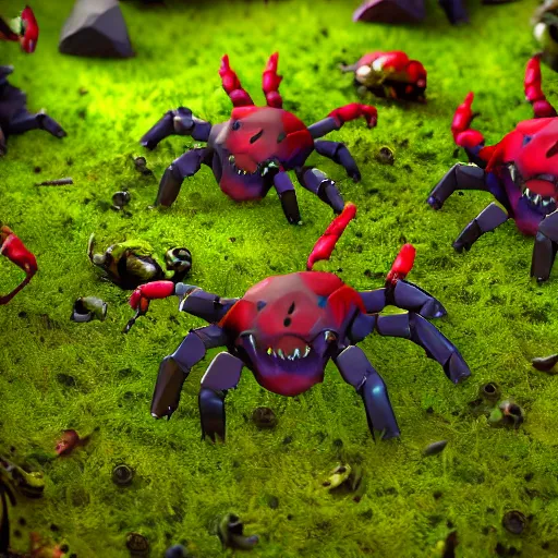 Prompt: voidless of the festival!, The Graveyard, large group of crabs and worms, crawling along a bed of moss, low poly, creeper world, handcrafted, artstation, hyperrealistic, hard light, best practices, creeptastic, photorealism, macro perspective, cuddly