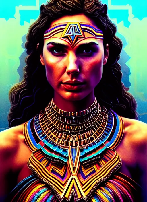 Image similar to portrait of gal gadot, hyper detailed ultra sharp aztec shaman warrior. trending on artstation, warpaint aesthetic, bloodwave, colorful, psychedelic, ornate, intricate, digital painting, concept art, smooth, sharp focus, illustration, art by artgerm and greg rutkowski and h. r. giger, 8 k