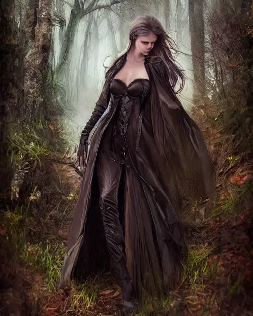 Image similar to a beautiful female, 8 k, hyperrealistic, hyperdetailed, modern clothes full length body, dark fantasy, dark wood, rain, wolves, fantasy portrait by laura sava