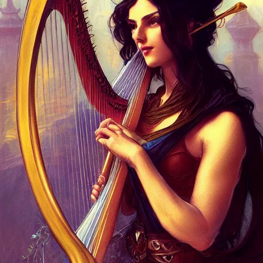 Prompt: a strange harp, d & d, fantasy, intricate, elegant, highly detailed, digital painting, artstation, concept art, smooth, sharp focus, illustration, art by artgerm and greg rutkowski and alphonse mucha