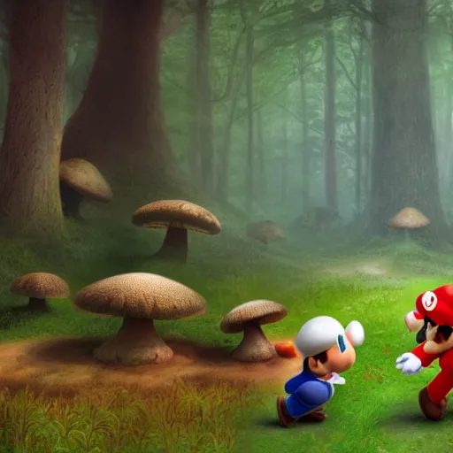 Image similar to Toad from Mario brothers running through a mushroom forest drawn by frank frazetta, background by Norman Rockwell 4k, volumetric lighting, trending on artstation, octane render, hyperrealistic