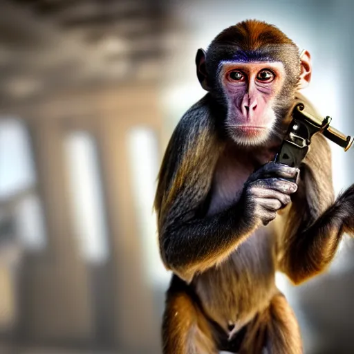 Image similar to a monkey with a revolver in his hands, human man with camera stands behind the monkey, real life photo, 4 k, cyberpunk, highly detailed, sharp focus - h 8 0 0