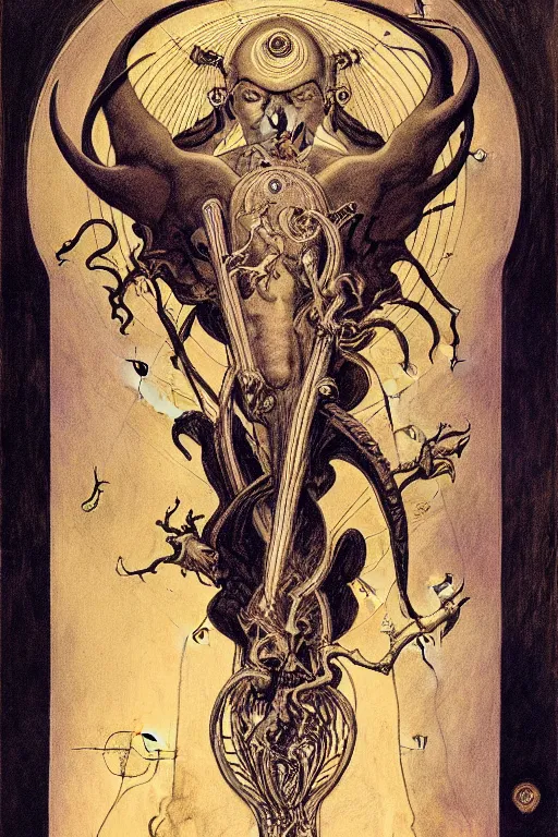Image similar to occult diagram of the trumpet of spirit conversation in the style of wayne barlowe, gustav moreau, goward,  Gaston Bussiere and roberto ferri, composition by austin osman spare