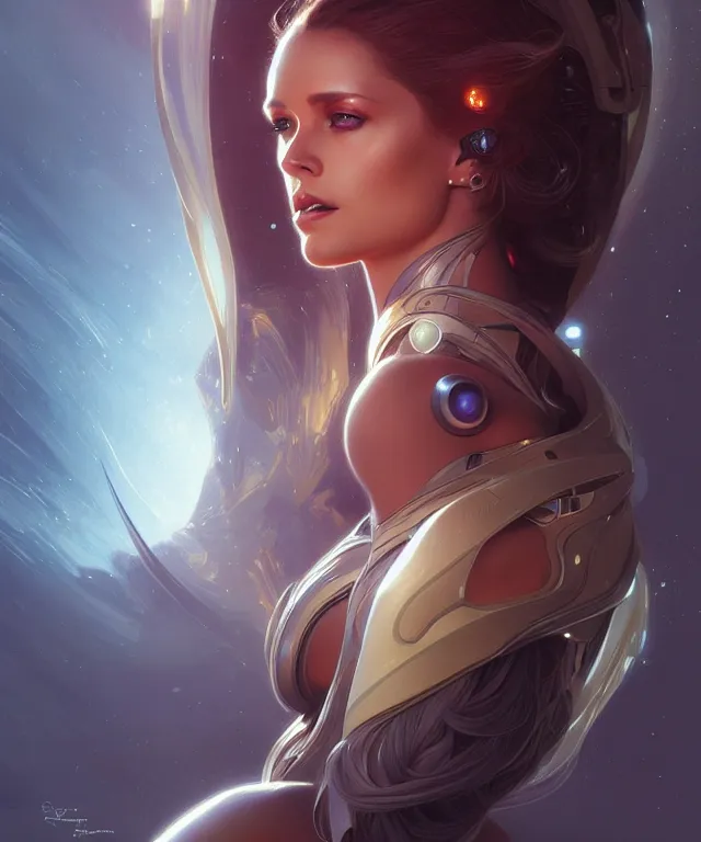 Image similar to futuristic woman portrait, sci-fi, amber eyes, face, long hair, fantasy, intricate, elegant, highly detailed, digital painting, artstation, concept art, smooth, sharp focus, illustration, art by artgerm and greg rutkowski and alphonse mucha