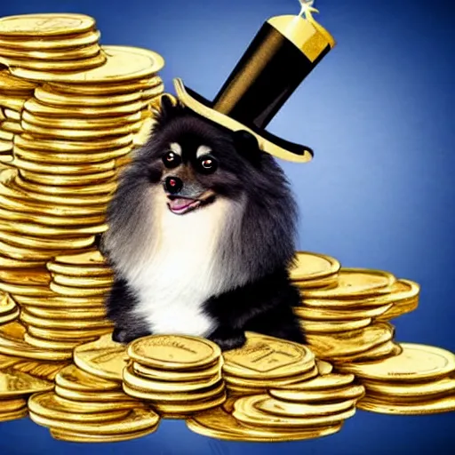 Image similar to A pomeranian wearing a top-hat and a monocle, sitting on top of a large pile of gold coins