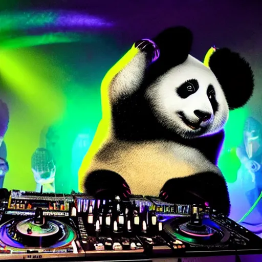 Prompt: a trippy panda bear DJing a club in Berlin, lsd visuals, techno night club