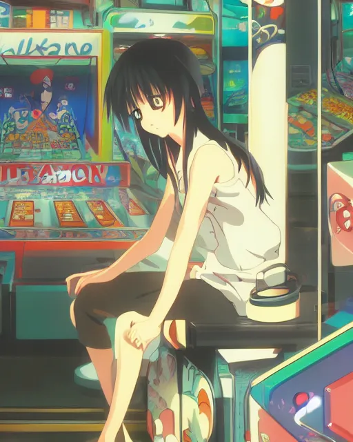 Image similar to a girl at the arcade, full shot, visible face, ambient lighting, detailed, very modern anime style, art by hayao miyazaki, masashi kishimoto, makoto shinkai