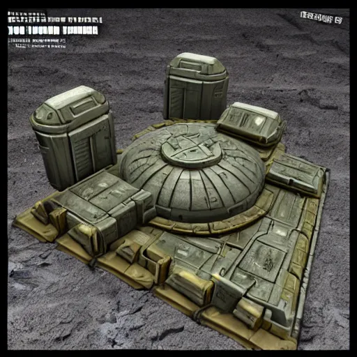 Image similar to 40k Tau empire bunker. Tao coalition. Greater good gromdark bunker. 3d printable wargaming terrain. High resolution render. CGSociety.