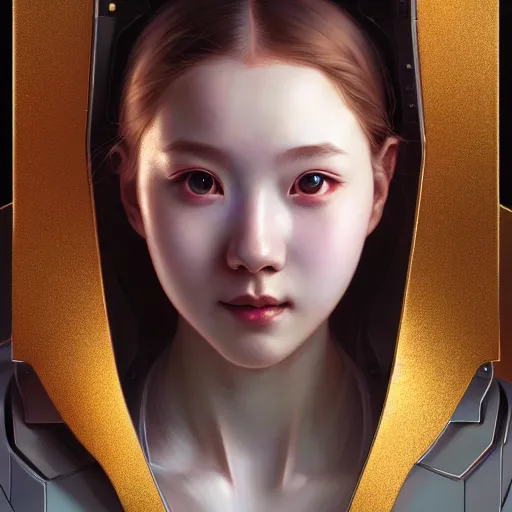 Image similar to portrait painting of a cute cyborg chuu loona kpop smiling cheerfully, ultra realistic, concept art, intricate details, eerie, highly detailed, photorealistic, octane render, 8 k, unreal engine. art by artgerm and greg rutkowski and magali villeneuve and alphonse mucha